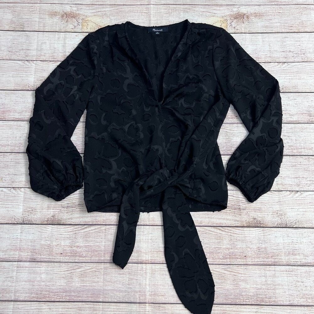Madewell Wrap Blouse Women XS Black Floral Clip Dot Long Sleeve V-Neck